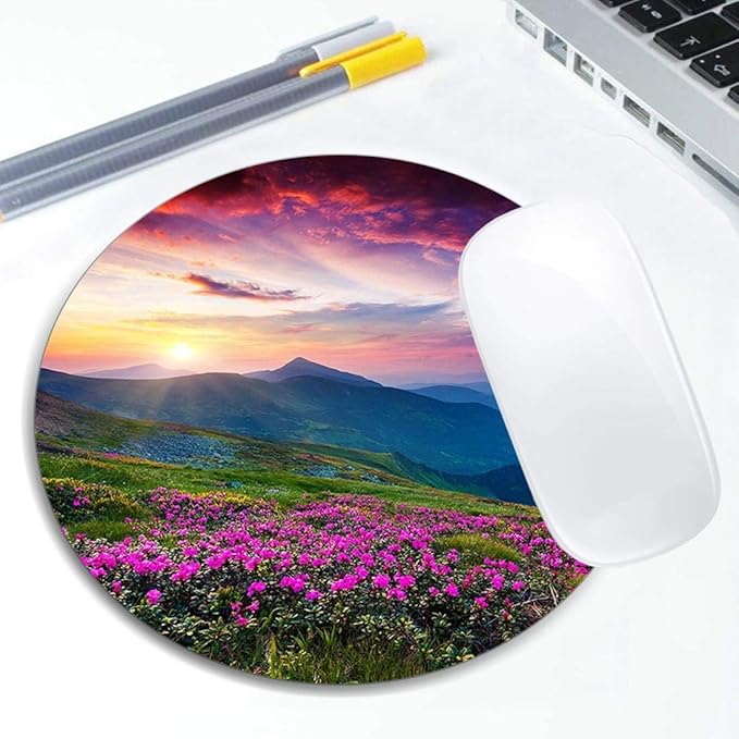 Nature Purple Flowers Meadow Mountain Scenic Mouse Pad Round Non-Slip Rubber - Image 5