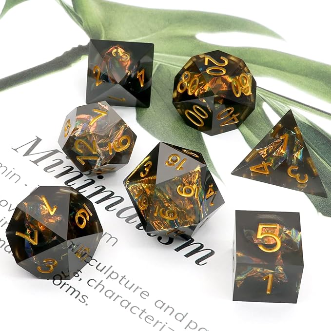 Haxtec Sharp Edge Dice Set DND Dice Black Resin Dice Iridecent Mylar Galaxy D&D - Image 2