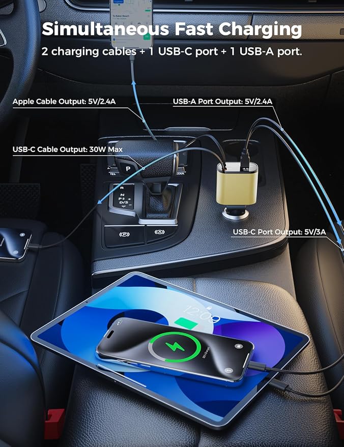 【Upgraded】 SUPERONE Retractable Car Charger 4 in 1, Fast Car Phone Charger - Image 6
