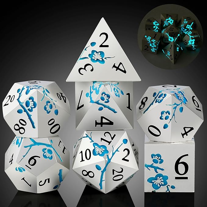Glow in The Dark Flower Metal Dice, DNDND 7 PCS Blue Metallic D&D Dice Set by DNDND