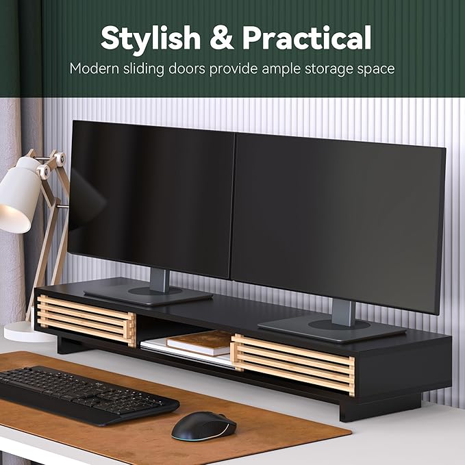 Dual Monitor Stand Riser with Sliding Door, Double Computer Laptop Stand Desk - Image 3