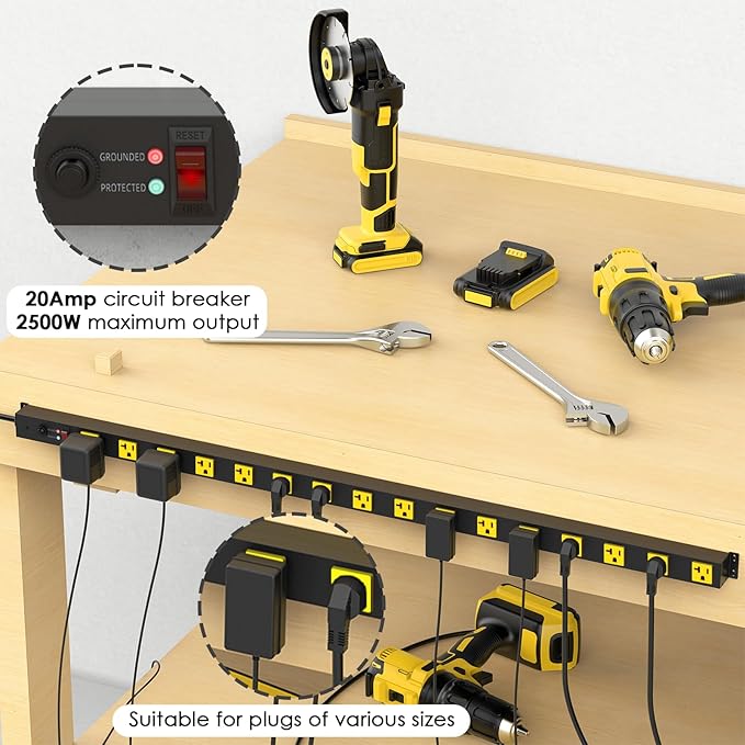 JUNNUJ Long Metal 16 Outlet Power Strip, Wide Spaced Garage Industrial Heavy - Image 3