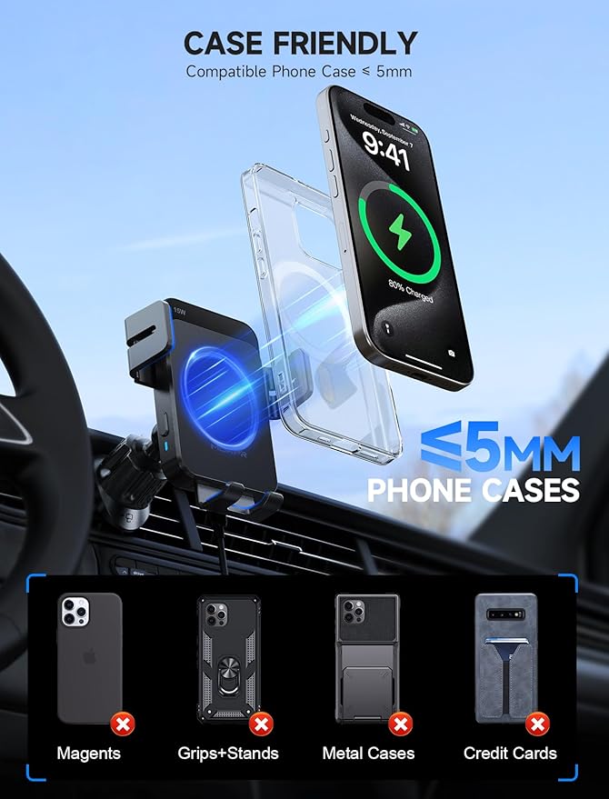 MOKPR Wireless Car Charger, 15W Auto Clamping Car Charger Dash Windshield Air - Image 5