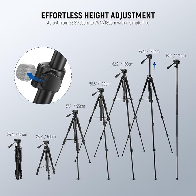 NEEWER Basic 74" Video Tripod Monopod, 3 Way Pan Tilt Head, Overhead Camera - Image 5