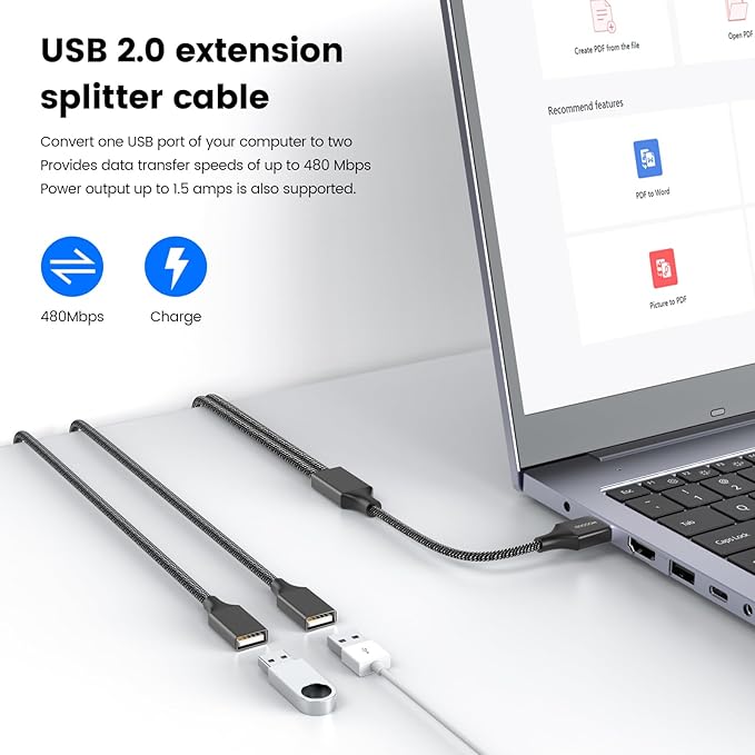 MOGOOD USB Extension Cable, 6.6ft USB A Male to 2 Female, Durable Nylon Braided - Image 3