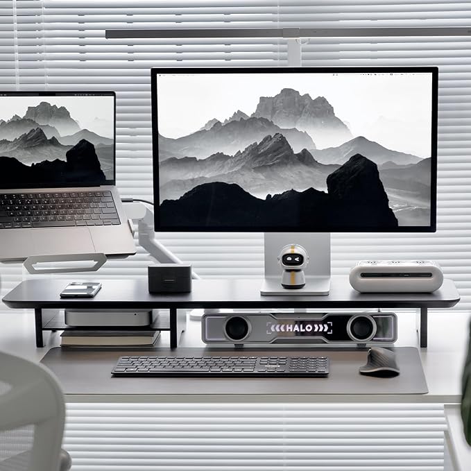 Bamboo Dual Monitor Stand Riser Black, 2-Tier Desk Monitor Riser by Rocdeer