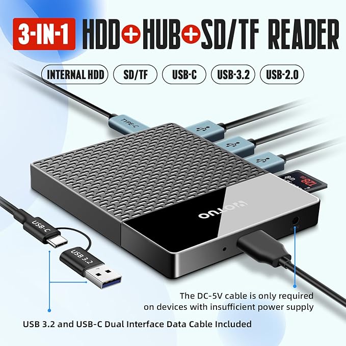 1TB External Hard Drive, USB C Multiport Hub HDD 7-in-1, USB 3.0, SD/TF Card - Image 2