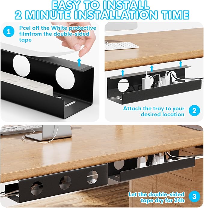 Self-Adhesive Under Desk Cable Management Tray 2 Pcs Steel Under Desk Wires - Image 4