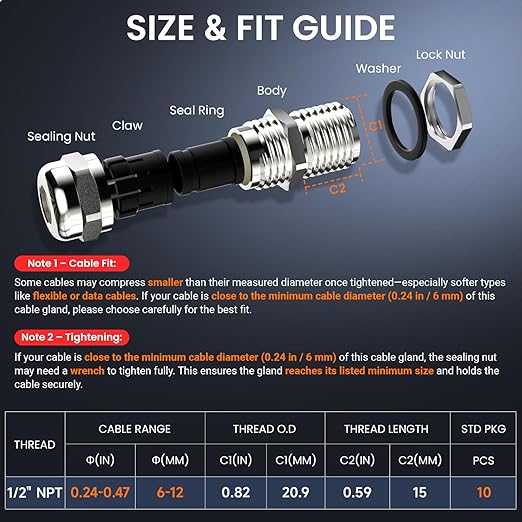 QILIPSU 4pcs 1/2" NPT 304 Stainless Steel Cable Gland Long Thread Waterproof - Image 6