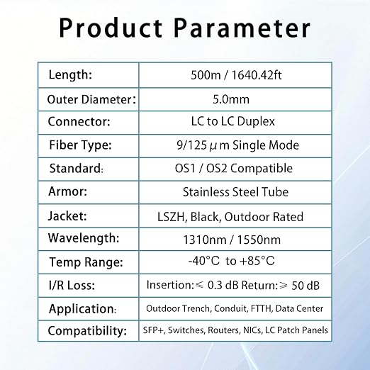 500M/1640FT LC to LC Armored Outdoor Fiber Optic Cable, Single Mode Duplex - Image 6