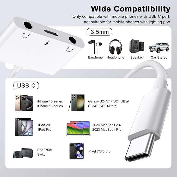USB C to 3.5mm Audio Adapter, 3 in 1 Aux to USB C Headphone Splitter Dual 3.5mm - Image 2