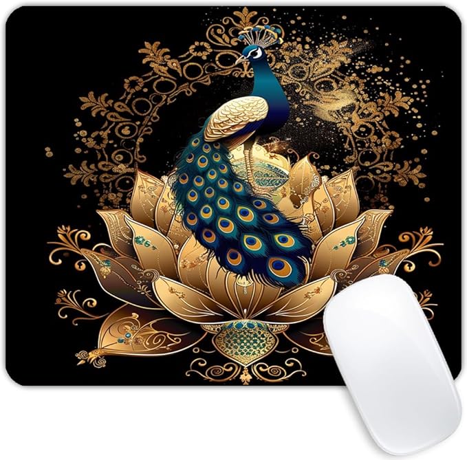 Square Mouse Pad Peacock on Golden Lotus-1, Gaming Mouse Pads by Goodsprout