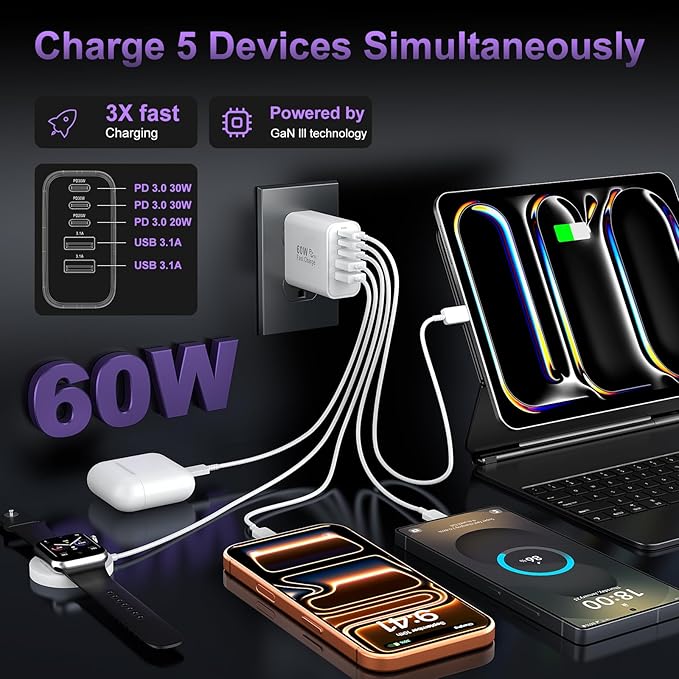 USB C Fast Wall Charger Block, 5-Port Type C Power Plug Adapter Multiport Brick - Image 3