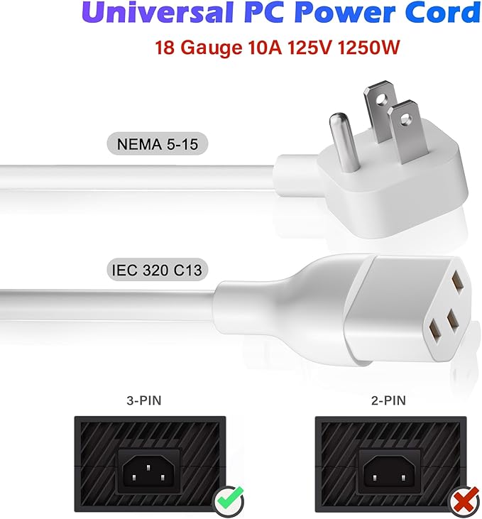 Adoreen 20 Ft Computer TV Replacement Power Cord White, Low Profile Flat Plug - Image 4