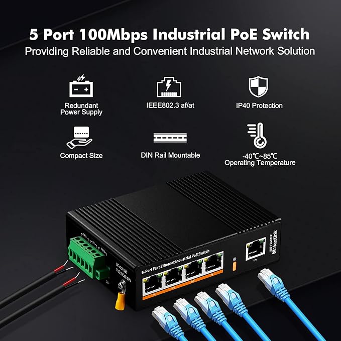 MokerLink 5 Port PoE Industrial DIN-Rail Network Switch, 60W IEEE802.3af/at PoE - Image 2
