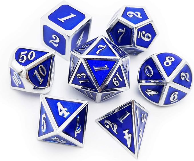 Haxtec Metal Dice Set D&D Silver Navy Blue Metal Polyhedral DND Dice by HaxtecDice