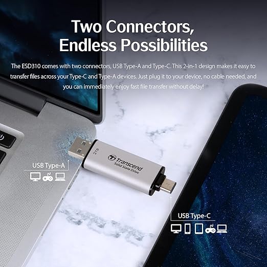 Transcend 2TB External SSD, USB 3.2 Gen 2 Portable SSD, 2-in-1 Type C &Type A - Image 2