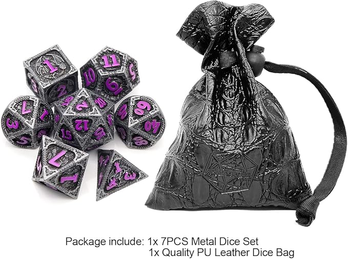 Haxtec Metal DND Dice Set Black Purple Dragon Pattern D&D Dice Set - Image 2