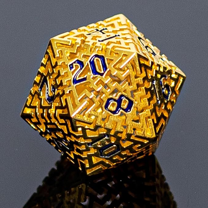 Golden Metal Hollow DND Dice Set Metallic Luster Maze Design - Image 5