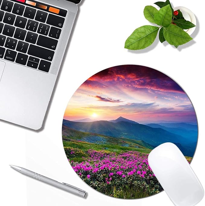 Nature Purple Flowers Meadow Mountain Scenic Mouse Pad Round Non-Slip Rubber - Image 4
