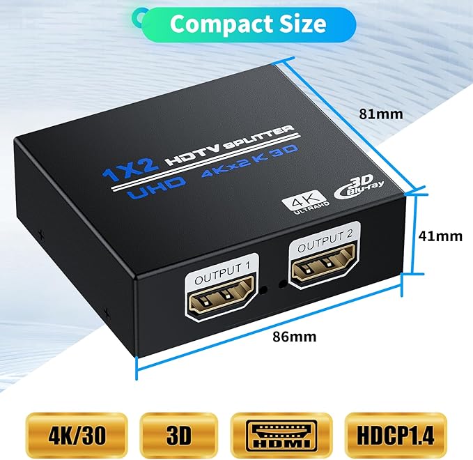 HDMI Splitter 1 in 2 Out 4K, 1x2 Powered HDMI Multi-Port Adapter - Image 6