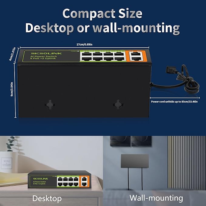 8 Ports PoE+ Ethernet Switch 2 Uplink 802.3af/at 120W Total Power 100Mbps - Image 7