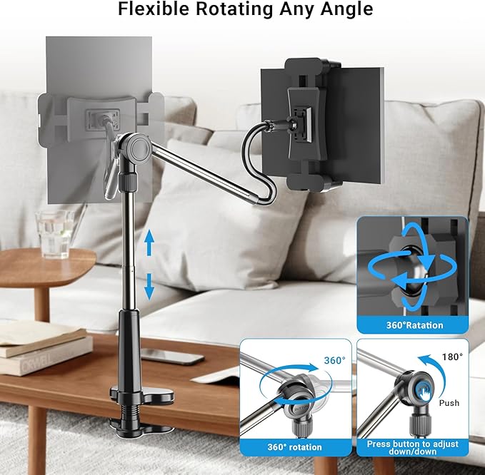 Foldable Desk Tablet Mount for iPad Portable Monitor 4.7-15.6'', Long Gooseneck - Image 4
