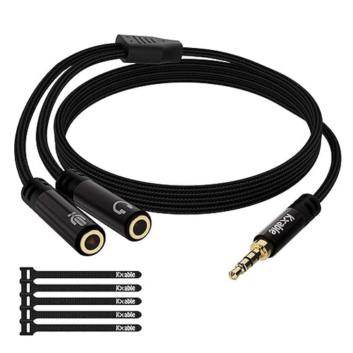 1/8inch Aux Headphone Splitter 2 Way Cable 1FT, 3.5mm 1 Male to 2 Female Mic by Kxable