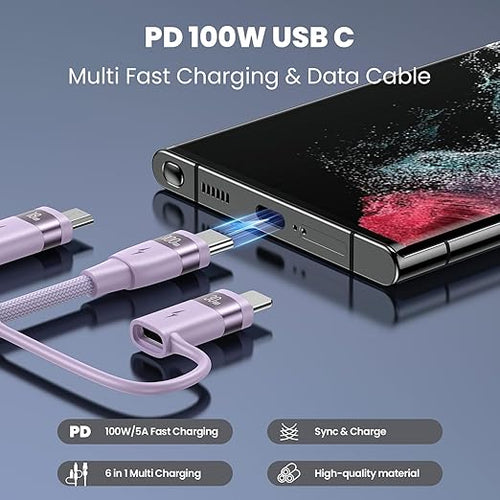 100W USB C Multi Charging Cable, USAMS 6.6FT 5-in-1 5A Fast Sync Charger - Image 2