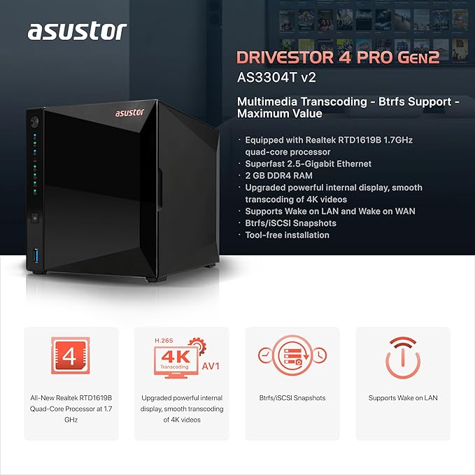 Asustor Drivestor 4 Pro Gen2 AS3304T v2, 4 Bay NAS, 1.7GHz Quad-Core, 2.5GbE - Image 2