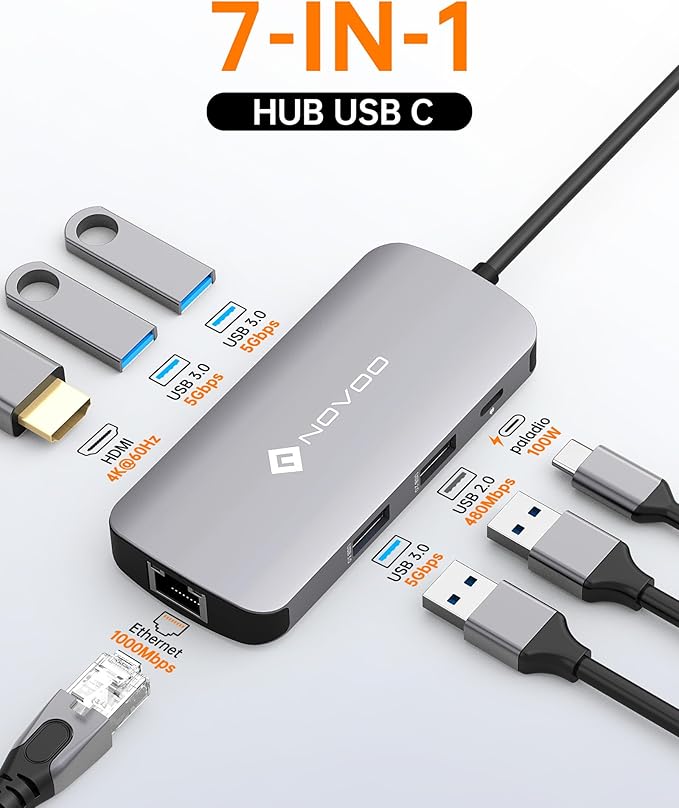 NOVOO USB C Hub Ethernet 4K@60 USB C HDMI Adapter Multiport Type C Adapter 4 - Image 2