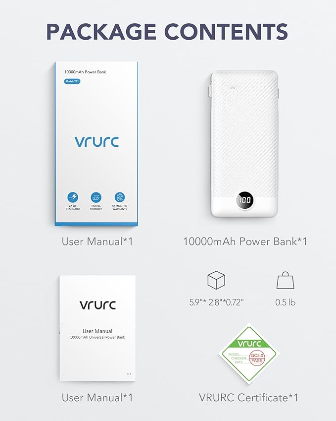 VRURC Portable Charger, Power Bank Built-in Cables and AC Wall Plug, USB C - Image 8