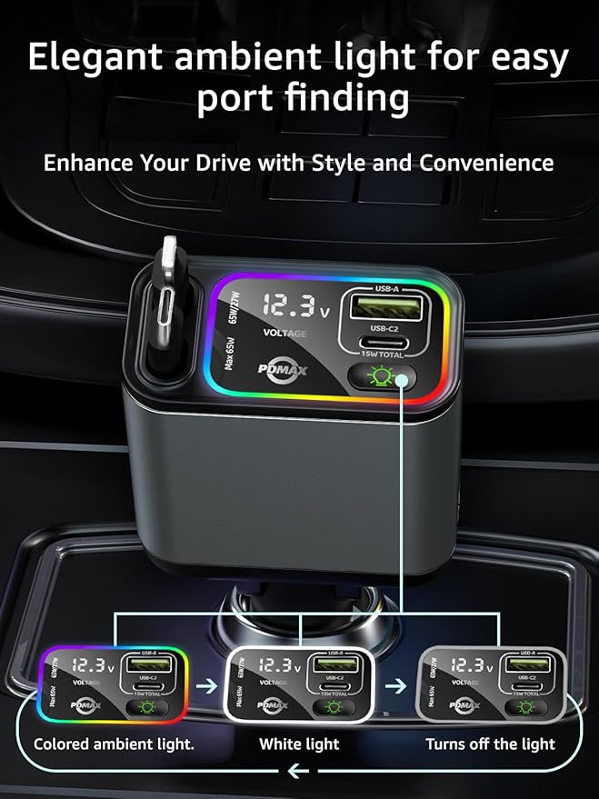 Retractable Car Charger USB C, 107W Type C Car Charger Fast Charging - Image 6