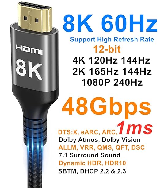 8K HDMI Cable 48Gbps 33 FT, Nylon Braided High Speed HDMI® Cable 4k 120Hz 2k - Image 2
