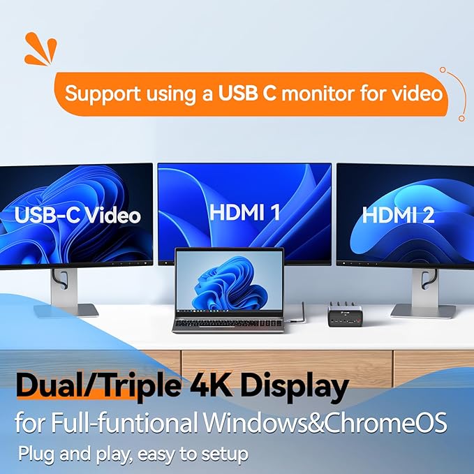 TobenONE Docking Station 3 Monitors, Triple Monitor Docking Station - Image 3