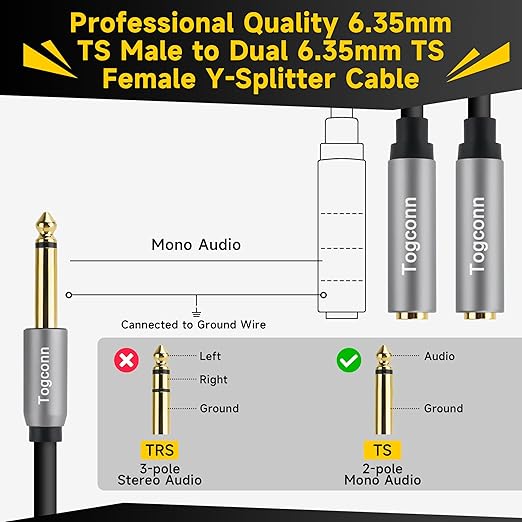 2-Pack 1/4 inch TS Mono Splitter Y Adapter, 6.35mm Mono Male to Dual 6.35 mm TS - Image 3