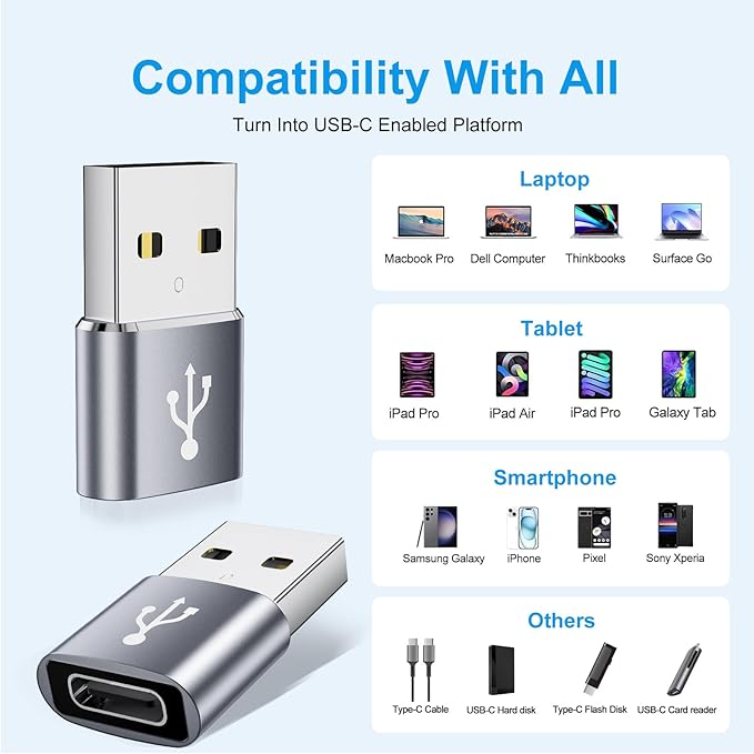 USB to USBC Adapter 8 Pack, USB A to C Adapter, USBC Female to USBA Male OTG - Image 2