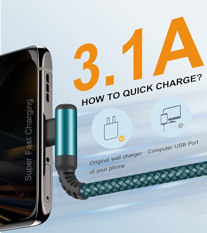sweguard USB Type C Charger Cable Right Angle iPhone 15 Charger Nylon Braided - Image 3