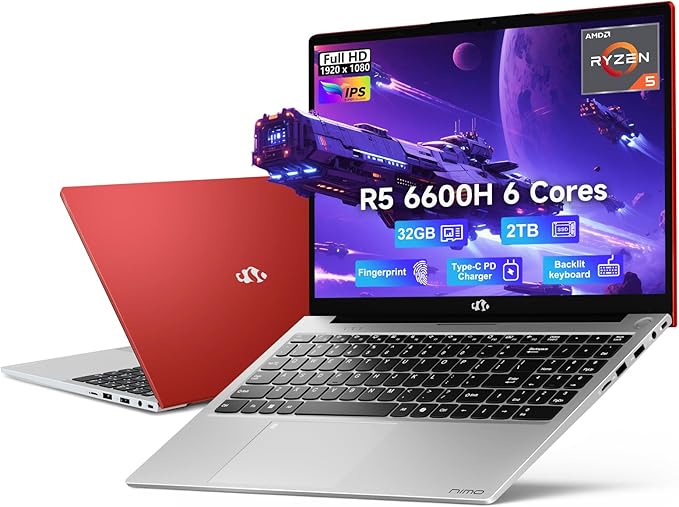 NIMO 15.6" IPS FHD-Gaming-Laptop, AMD Ryzen 5 6600H 6-Cores 660M GPU 32GB DDR5 by Nimo
