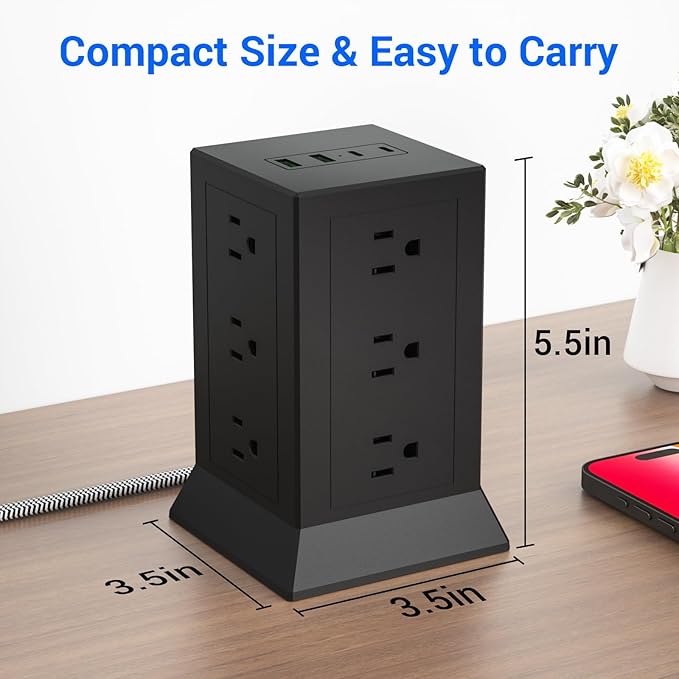 Power Strip Tower with Multiple Outlets, 6.5 Ft Extension Cord Flat Plug with - Image 7