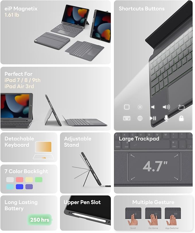 EIP Bluetooth Keyboard Case for iPad 10.2 inch & iPad Air 10.5 inch, 10.2 - Image 7