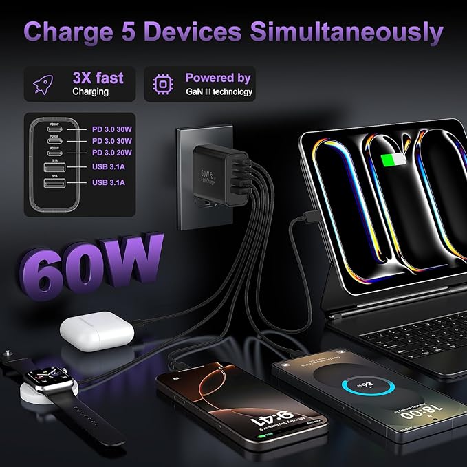 USB C Fast Wall Charger Block, 5-Port PD+QC Power Adapter Multiport Brick Type - Image 3