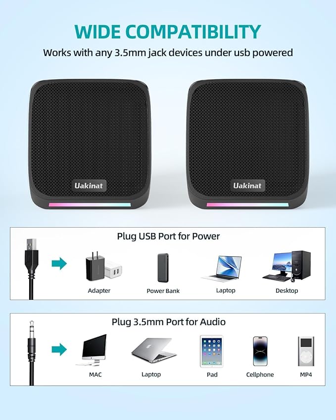 Computer Speakers with Colorful RGB Lights, USB Powered 3.5mm Aux- in Mini PC - Image 3