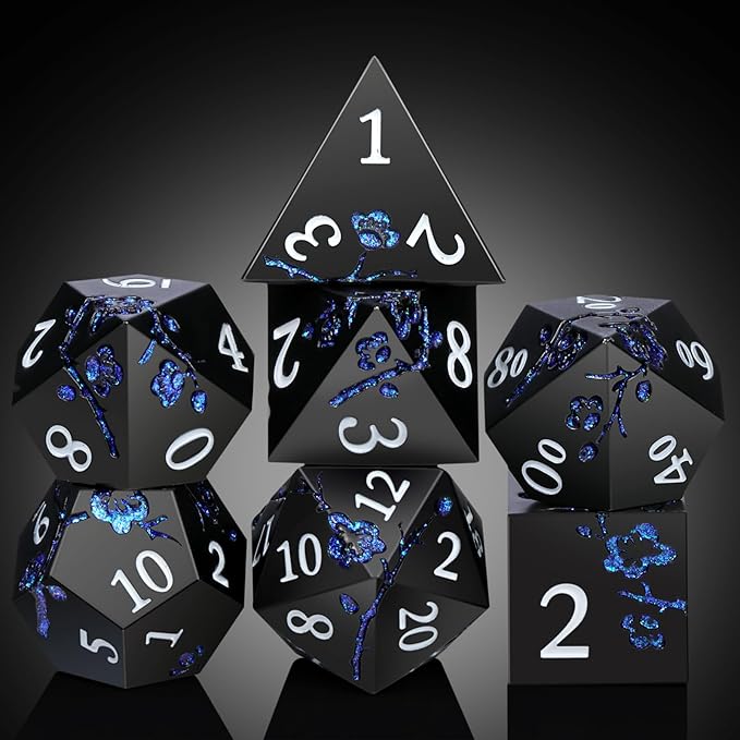 Glitter Blue D&D Metal Dice, DNDND 7 PCS Flower Metallic DND Dice Set - Image 6
