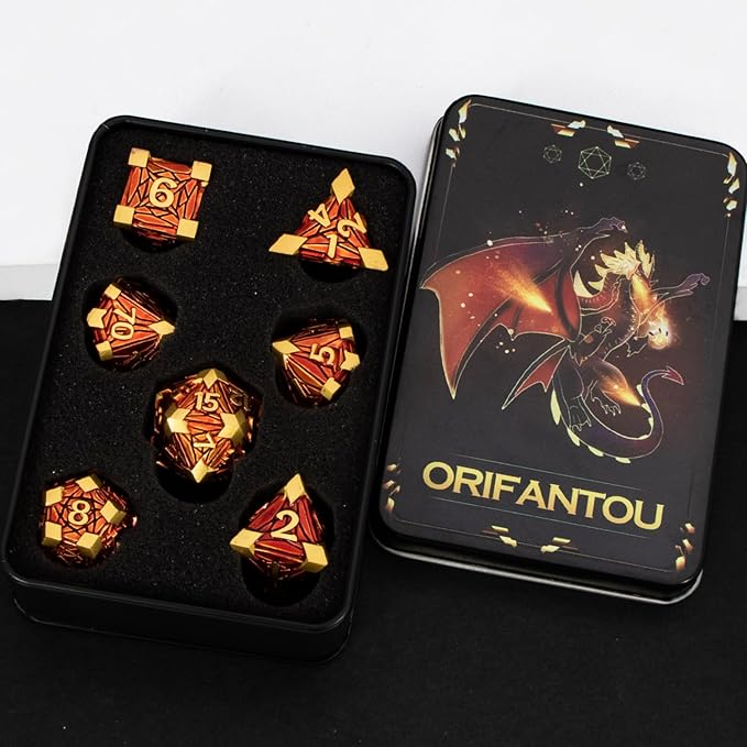 Metal DND Dice Set Golden Red Debris RPG D and D Dice - Image 6