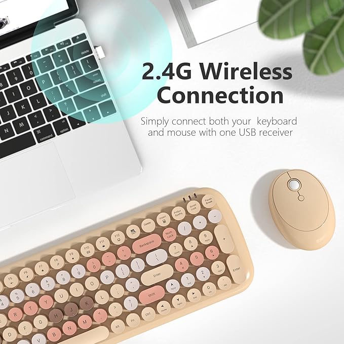 KNOWSQT Wireless Keyboard and Mouse Combo, Light Milktea 100 Keys 2.4 GHz Round - Image 2