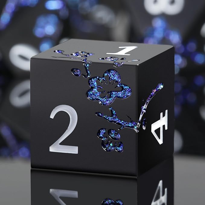 Glitter Blue D&D Metal Dice, DNDND 7 PCS Flower Metallic DND Dice Set by DNDND