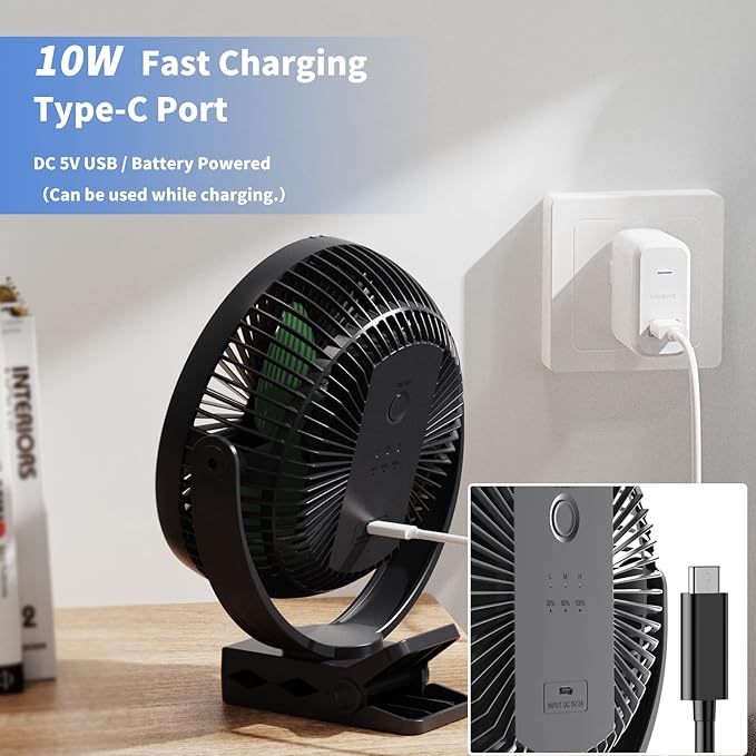Clip on Fan, Rechargeable Portable Fan, 8 Inch Small Desk Fan - 10000mAh - Image 6