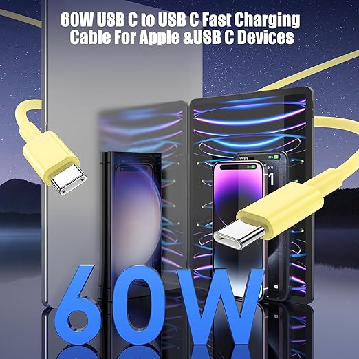 3-Pack Yellow 60W USB C to USB C Cable, Type C Fast Charging Cable - Image 3