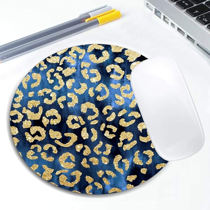 Leopard Gold Watercolor Navy Blue Mouse Pad Round Non-Slip Rubber Mousepad - Image 5